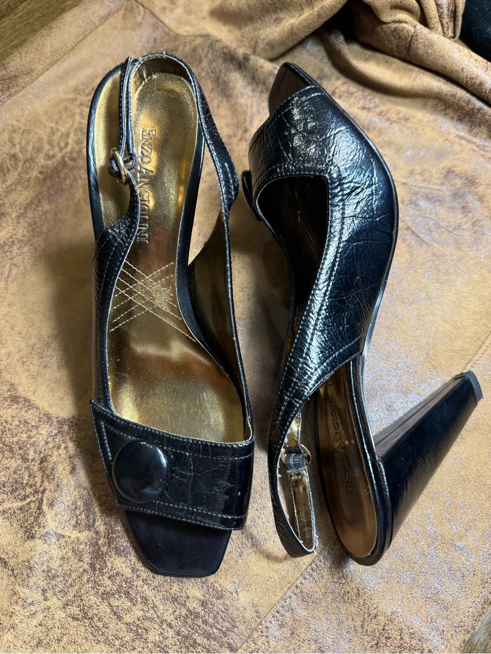 50. Enzo Angiolini Black Slingback Peep-Toe Heels with Button Accent